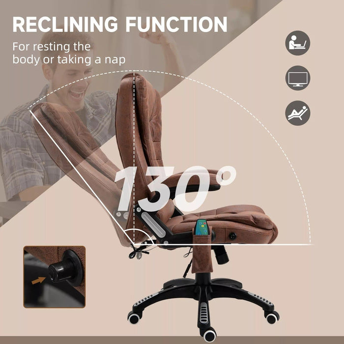 Image of a Heated Massage Office Chair with swivel wheels, padded arm rests, reclining backrest, and height adjustment.

The chair is wrapped in comfy microfibre cloth. 

This chair is ideal for home office