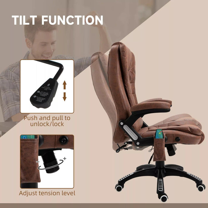 Image of a Heated Massage Office Chair with swivel wheels, padded arm rests, reclining backrest, and height adjustment.

The chair is wrapped in comfy microfibre cloth. 

This chair is ideal for home office