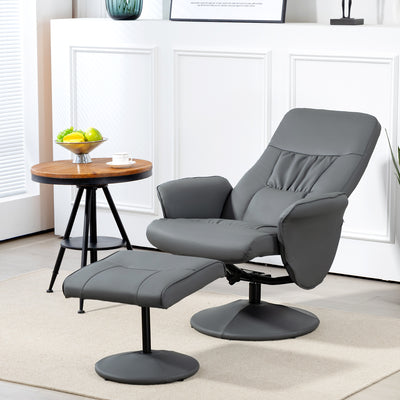 Swivel Recliner Armchair With Footstool High Back PU Leather For Living Room Grey