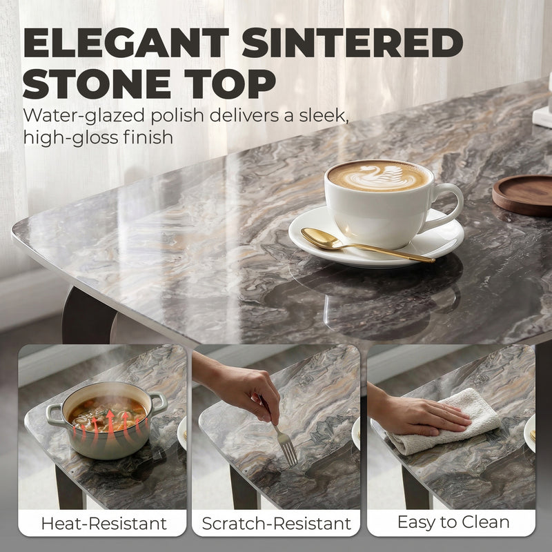 4 Seat Rectangular Dining Table with Sintered Stone Marble Effect Top Brown & Black 130x70cm