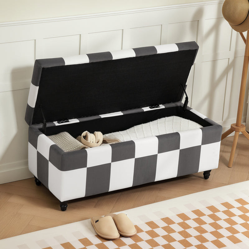 Velvet Storage Ottoman Bench in Dark Grey and White With Lid Ideal for Bedroom or Lounge