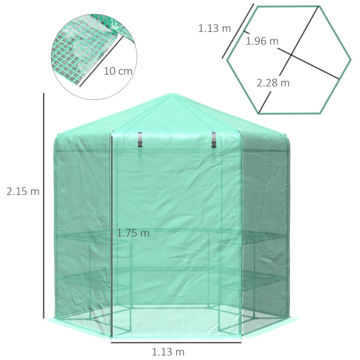 Hexagon Garden Greenhouse with Zipped Door, 225x194x215Hcm