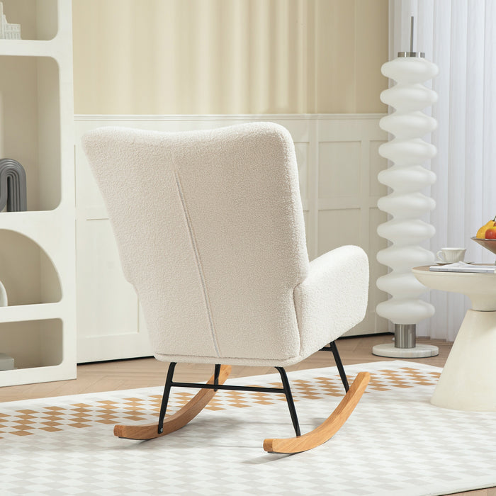 Cream White Teddy Fleece Wingback Rocking Chair with Wooden Base by HOMCOM