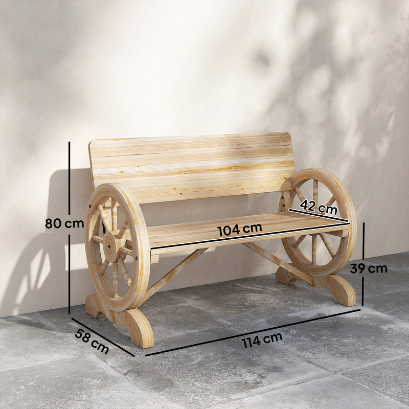Wooden Garden Bench with Wagon Wheel Design for Two People Natural Wood Finish Outsunny