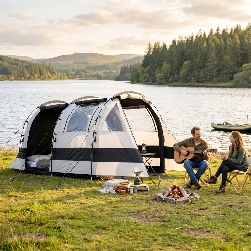Outsunny Camping Tent, 4-5 Man Blackout Tent with Bedroom and Living Room, Portable with Bag, for Fishing Hiking Festival, Khaki