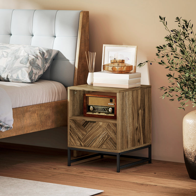 Bedside Table with Drawer and Storage Shelf for Bedroom or Lounge with Steel Legs, Brown