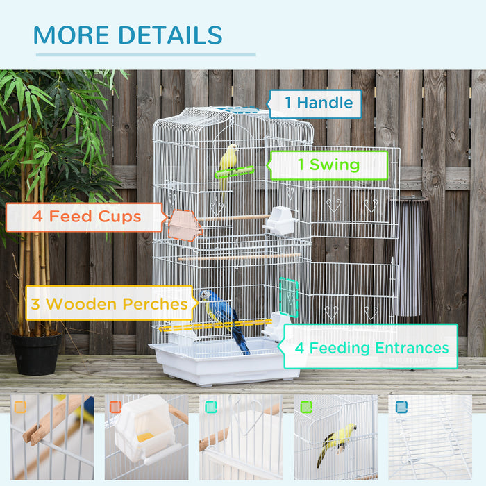 Large White Metal Bird Cage with Perches Swing and Bowls for Budgies and Parakeets by PawHut