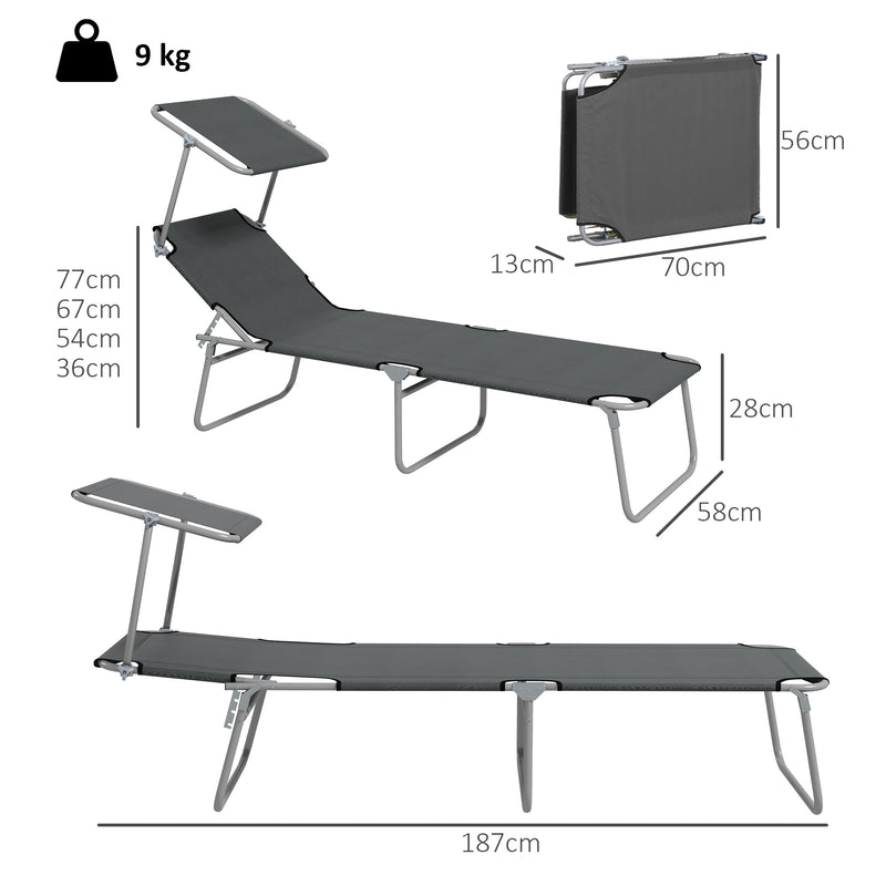 Set of 2 Grey Foldable Sun Loungers with Adjustable Backrest and Sun Shade for Garden