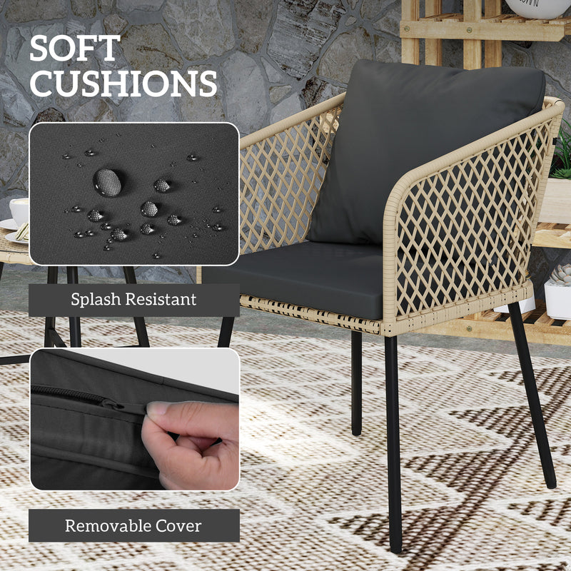 3 Piece Rattan Bistro Set with Cushions Glass Table and Wooden Finish Chairs by Outsunny