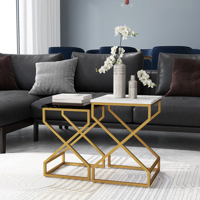 Set of Two Marble Effect Nesting Tables Modern Space Saving Design by HOMCOM