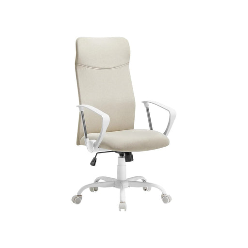 Image of a High Back Ergonomic Office Chair With Wheels and Arms. The chair is upholstered in a stylish cappuccino coloured fabric with white arms and swivel base. 
