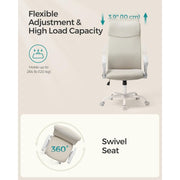 Image of a High Back Ergonomic Office Chair With Wheels and Arms. The chair is upholstered in a stylish cappuccino coloured fabric with white arms and swivel base. 
