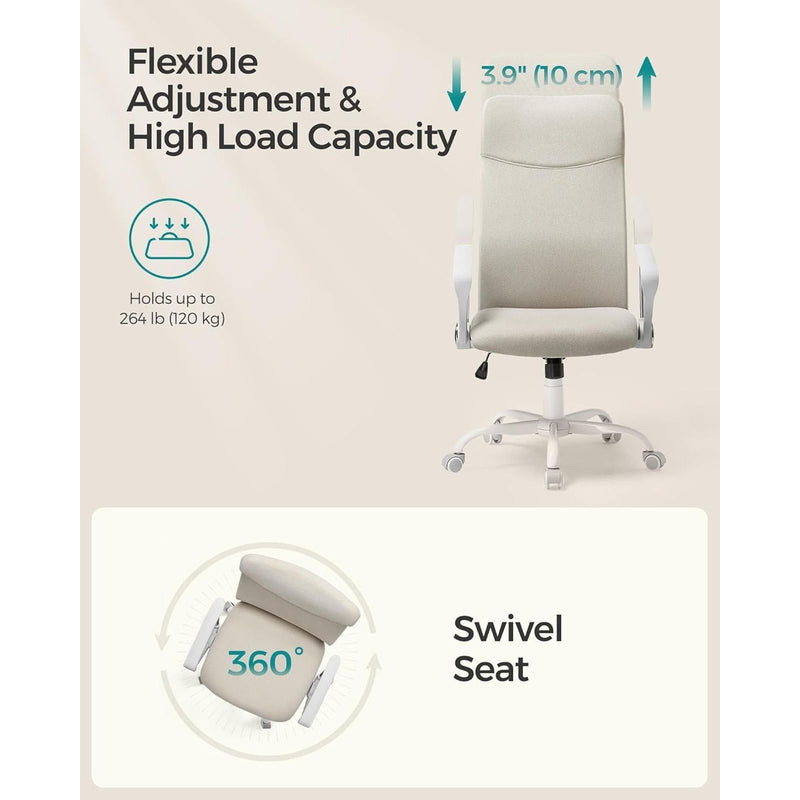 Image of a High Back Ergonomic Office Chair With Wheels and Arms. The chair is upholstered in a stylish cappuccino coloured fabric with white arms and swivel base. 
