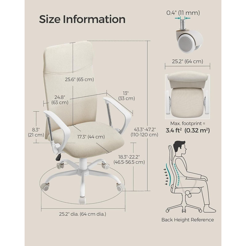 Image of a High Back Ergonomic Office Chair With Wheels and Arms. The chair is upholstered in a stylish cappuccino coloured fabric with white arms and swivel base. 

