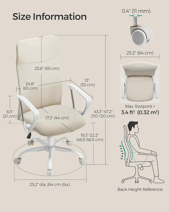 Image of a High Back Ergonomic Office Chair With Wheels and Arms. The chair is upholstered in a stylish cappuccino coloured fabric with white arms and swivel base. 
