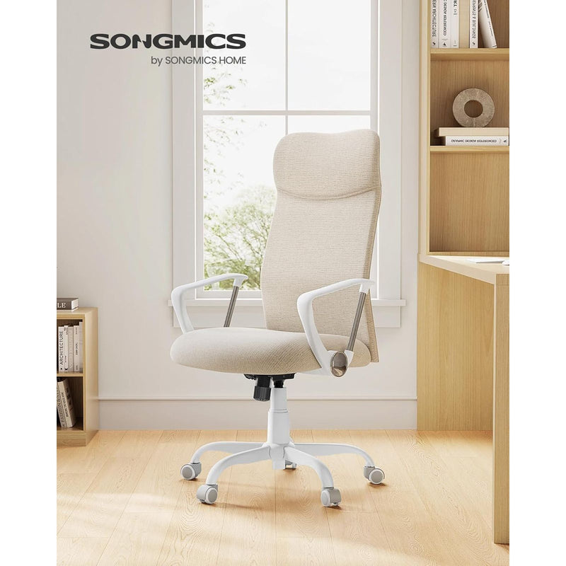Image of a High Back Ergonomic Office Chair With Wheels and Arms. The chair is upholstered in a stylish cappuccino coloured fabric with white arms and swivel base. 
