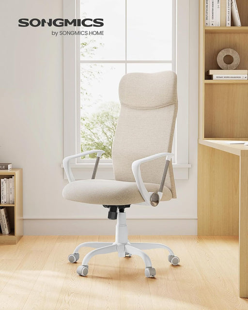 Image of a High Back Ergonomic Office Chair With Wheels and Arms. The chair is upholstered in a stylish cappuccino coloured fabric with white arms and swivel base. 
