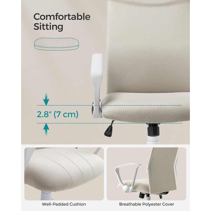Image of a High Back Ergonomic Office Chair With Wheels and Arms. The chair is upholstered in a stylish cappuccino coloured fabric with white arms and swivel base. 
