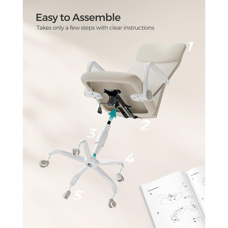 Image of a High Back Ergonomic Office Chair With Wheels and Arms. The chair is upholstered in a stylish cappuccino coloured fabric with white arms and swivel base. 
