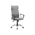 Image of a High Back Ergonomic Desk Chair With Wheels and Arms. The chair is upholstered in a stylish grey coloured fabric with black arms and chrome swivel base. 
