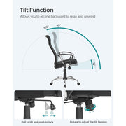 Image of a High Back Ergonomic Desk Chair With Wheels and Arms. The chair is upholstered in a stylish grey coloured fabric with black arms and chrome swivel base. 