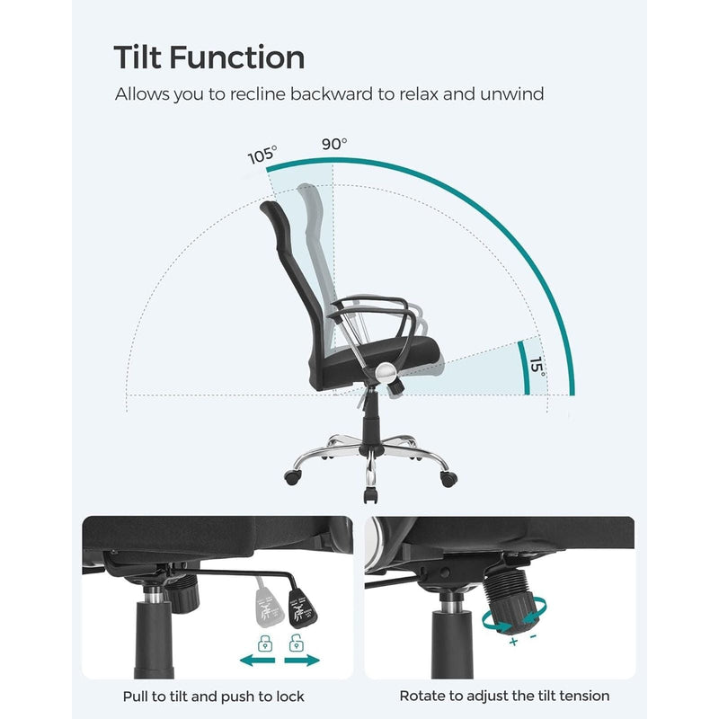 Image of a High Back Ergonomic Desk Chair With Wheels and Arms. The chair is upholstered in a stylish grey coloured fabric with black arms and chrome swivel base. 