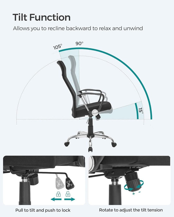 Image of a High Back Ergonomic Desk Chair With Wheels and Arms. The chair is upholstered in a stylish grey coloured fabric with black arms and chrome swivel base. 