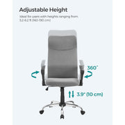 Image of a High Back Ergonomic Desk Chair With Wheels and Arms. The chair is upholstered in a stylish grey coloured fabric with black arms and chrome swivel base. 