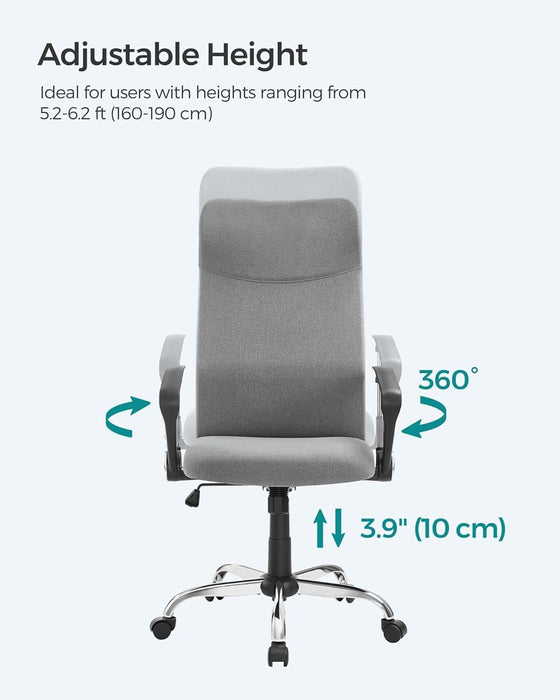 Image of a High Back Ergonomic Desk Chair With Wheels and Arms. The chair is upholstered in a stylish grey coloured fabric with black arms and chrome swivel base. 