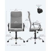 Image of a High Back Ergonomic Desk Chair With Wheels and Arms. The chair is upholstered in a stylish grey coloured fabric with black arms and chrome swivel base. 