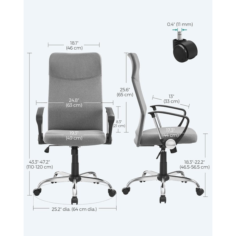 Image of a High Back Ergonomic Desk Chair With Wheels and Arms. The chair is upholstered in a stylish grey coloured fabric with black arms and chrome swivel base. 