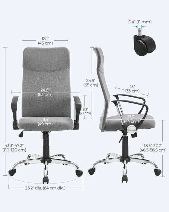 Image of a High Back Ergonomic Desk Chair With Wheels and Arms. The chair is upholstered in a stylish grey coloured fabric with black arms and chrome swivel base. 