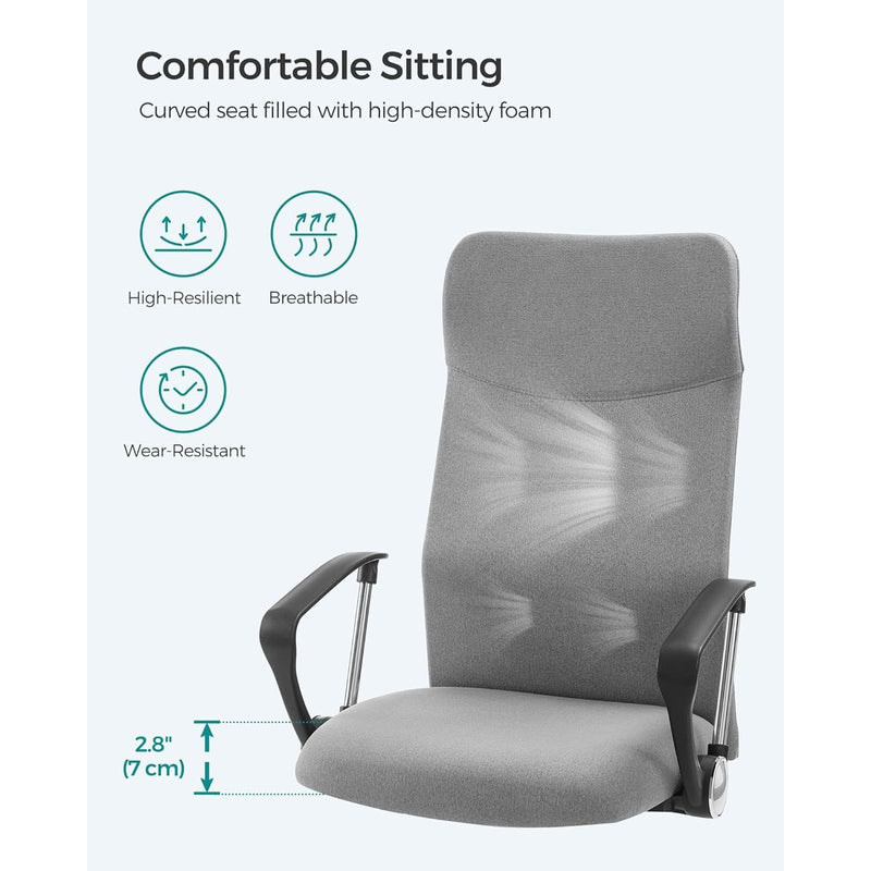 Image of a High Back Ergonomic Desk Chair With Wheels and Arms. The chair is upholstered in a stylish grey coloured fabric with black arms and chrome swivel base. 