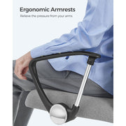 Image of a High Back Ergonomic Desk Chair With Wheels and Arms. The chair is upholstered in a stylish grey coloured fabric with black arms and chrome swivel base. 