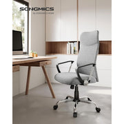 Image of a High Back Ergonomic Desk Chair With Wheels and Arms. The chair is upholstered in a stylish grey coloured fabric with black arms and chrome swivel base. 