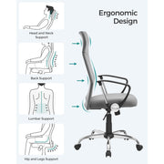 Image of a High Back Ergonomic Desk Chair With Wheels and Arms. The chair is upholstered in a stylish grey coloured fabric with black arms and chrome swivel base. 