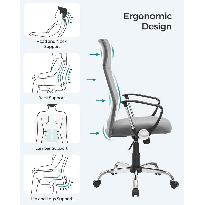 Image of a High Back Ergonomic Desk Chair With Wheels and Arms. The chair is upholstered in a stylish grey coloured fabric with black arms and chrome swivel base. 