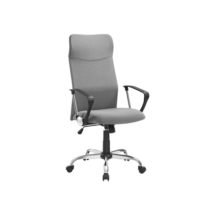 Image of a High Back Ergonomic Desk Chair With Wheels and Arms. The chair is upholstered in a stylish grey coloured fabric with black arms and chrome swivel base. 
