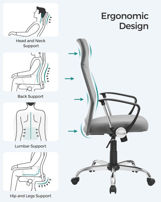 Image of a High Back Ergonomic Desk Chair With Wheels and Arms. The chair is upholstered in a stylish grey coloured fabric with black arms and chrome swivel base. 