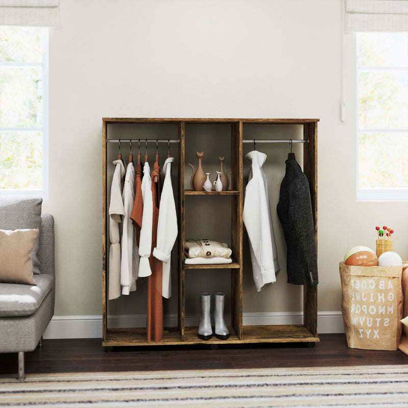 Rustic Brown Open Double Wardrobe with Mobile Storage Shelves and 6 Wheels by HOMCOM