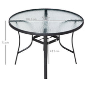 Round 106cm Garden Dining Table with Parasol Hole and Tempered Glass Top for Patio