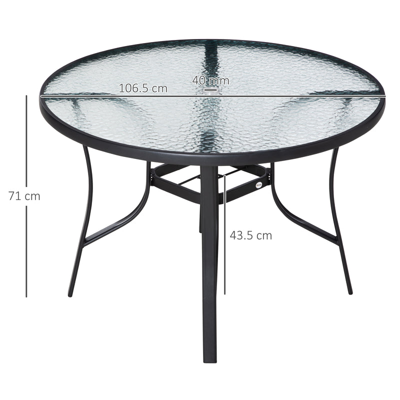 Round 106cm Garden Dining Table with Parasol Hole and Tempered Glass Top for Patio