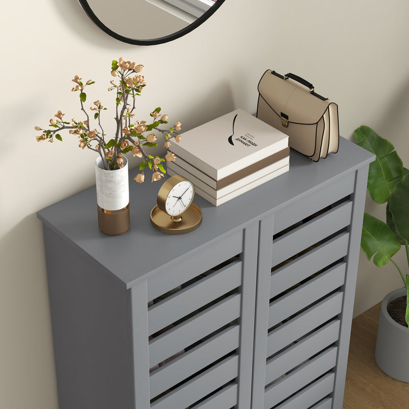 Slim Shoe Cabinet with Slatted Doors, Adjustable Shelves for Hallway, Dark Grey