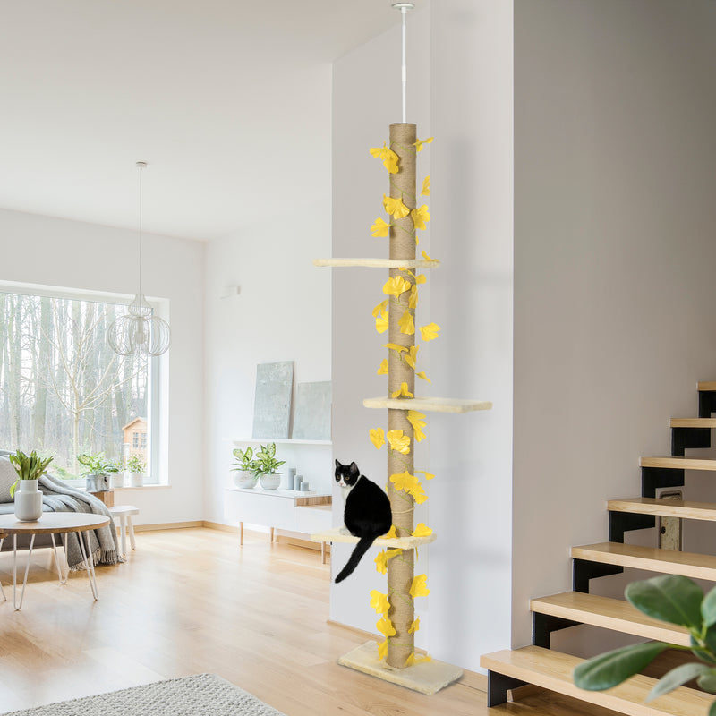 Tall Adjustable Cat Tree with Perches and Faux Leaves for Climbing and Play Yellow