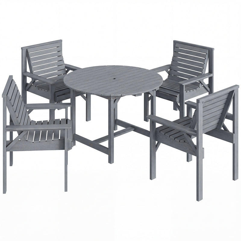 Wooden Garden Dining Set for 4 with Round Table and Umbrella Hole Grey Fir Wood Outsunny