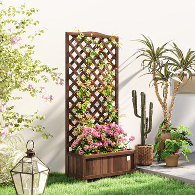 53L Wooden Garden Planter Box with Trellis for Climbing Plants Dark Brown by Outsunny