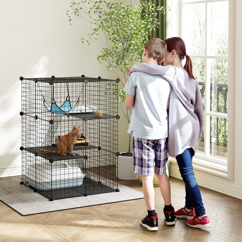 Modular Indoor Cat Enclosure with Adjustable Panels and Resting Hammock Black AOSOM