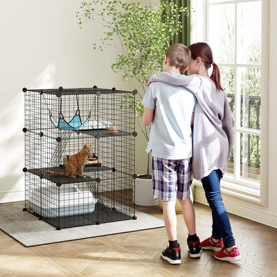 Modular Indoor Cat Enclosure with Adjustable Panels and Resting Hammock Black AOSOM