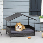 Elevated Rattan Dog Bed with Removable Cushion and Canopy for Small to Medium Dogs Grey