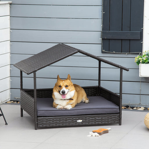Elevated Rattan Dog Bed with Removable Cushion and Canopy for Small to Medium Dogs Grey